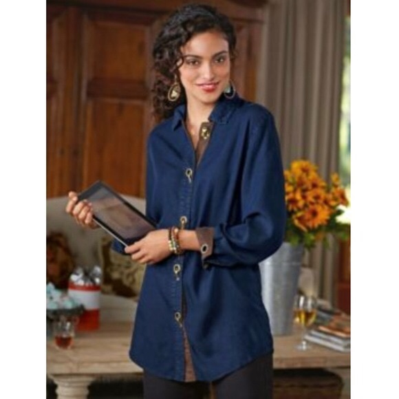 Soft Surroundings Tops - Button up blouse - denim and brown